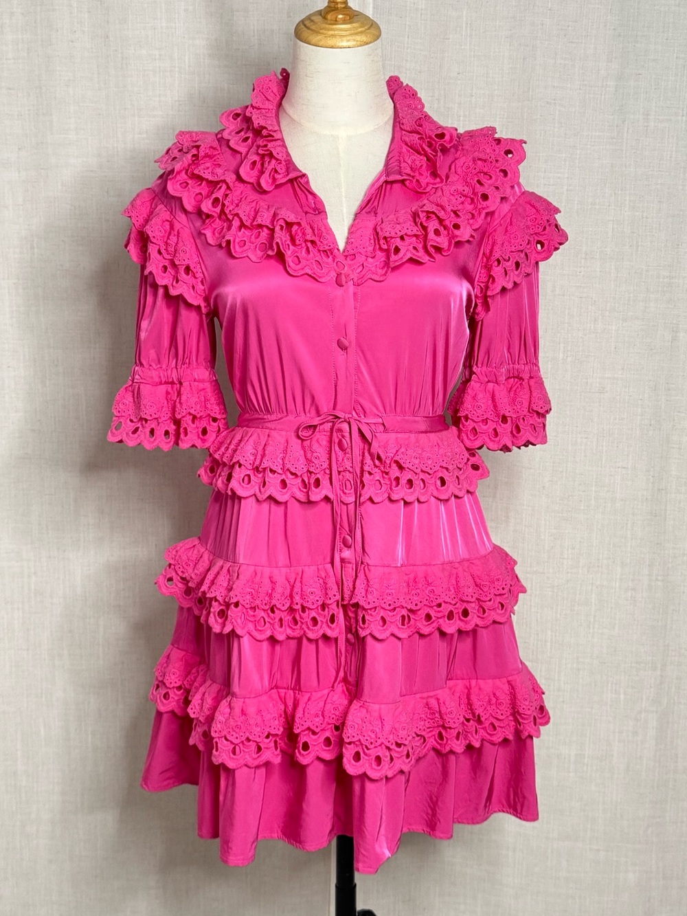 CeliaB Cherry Mini Dress Pink Eyelet Lace Ruffle Tiered Waist Tie XS